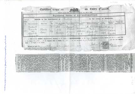 Copy of birth certificate for Thomas Edwin Phillips